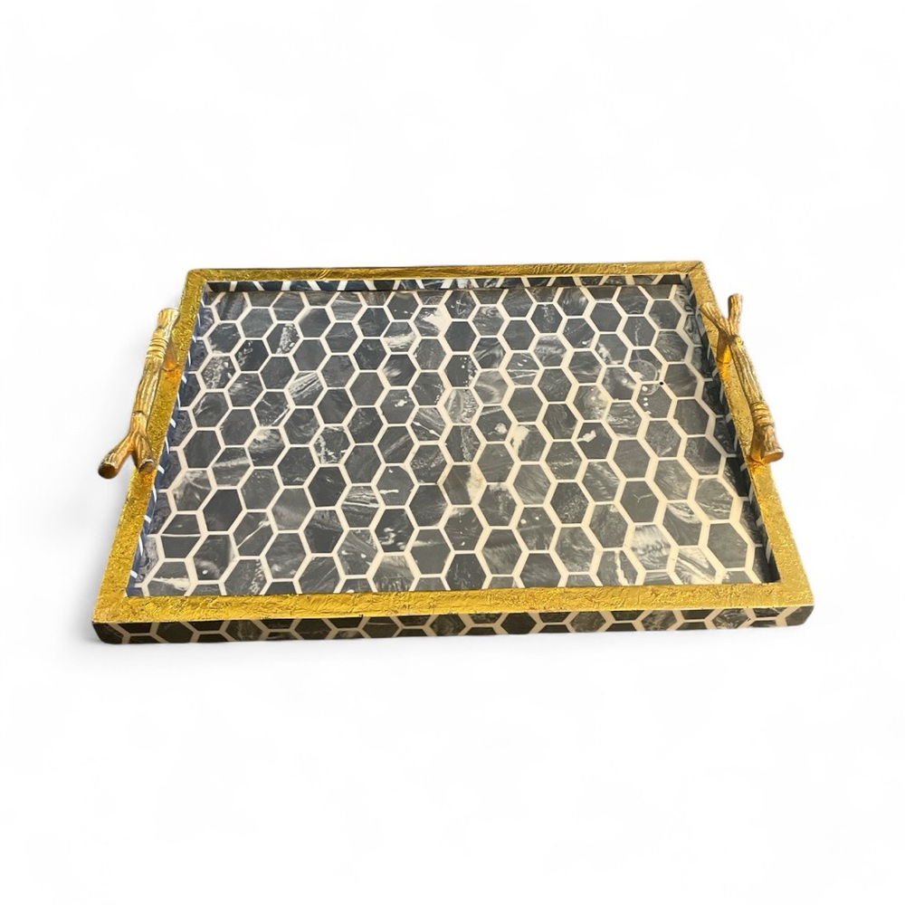 Grey Marble Honeycomb Gold Resin Tray 12x16 Modern Glam Tabletop Decor